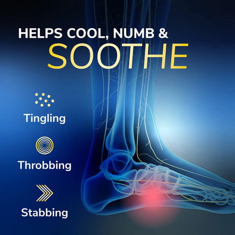 Hydrogel nerve pain relief patches infographic showing foot nerves and symptoms