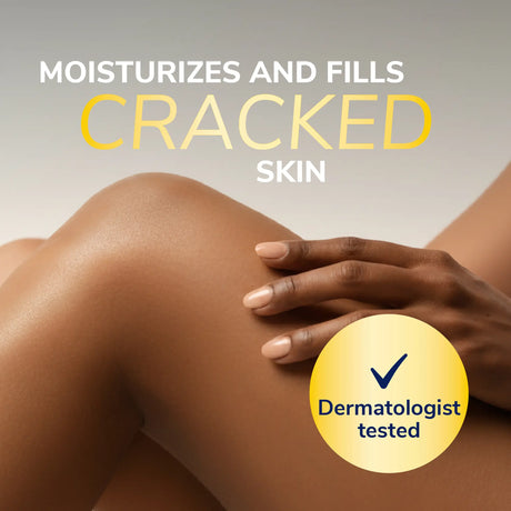 Hand smoothing balmlike lotion over skin, with circle badge icon on side