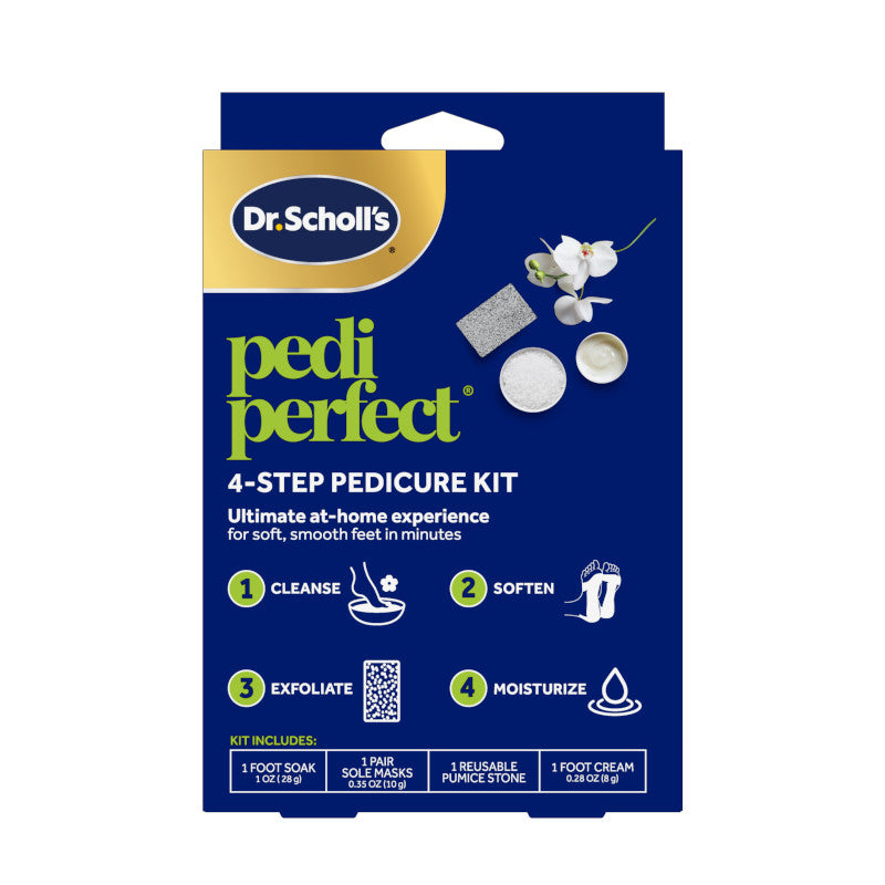 Dr. Scholl's pedi perfect 4-step pedicure kit box with foot soak and foot cream