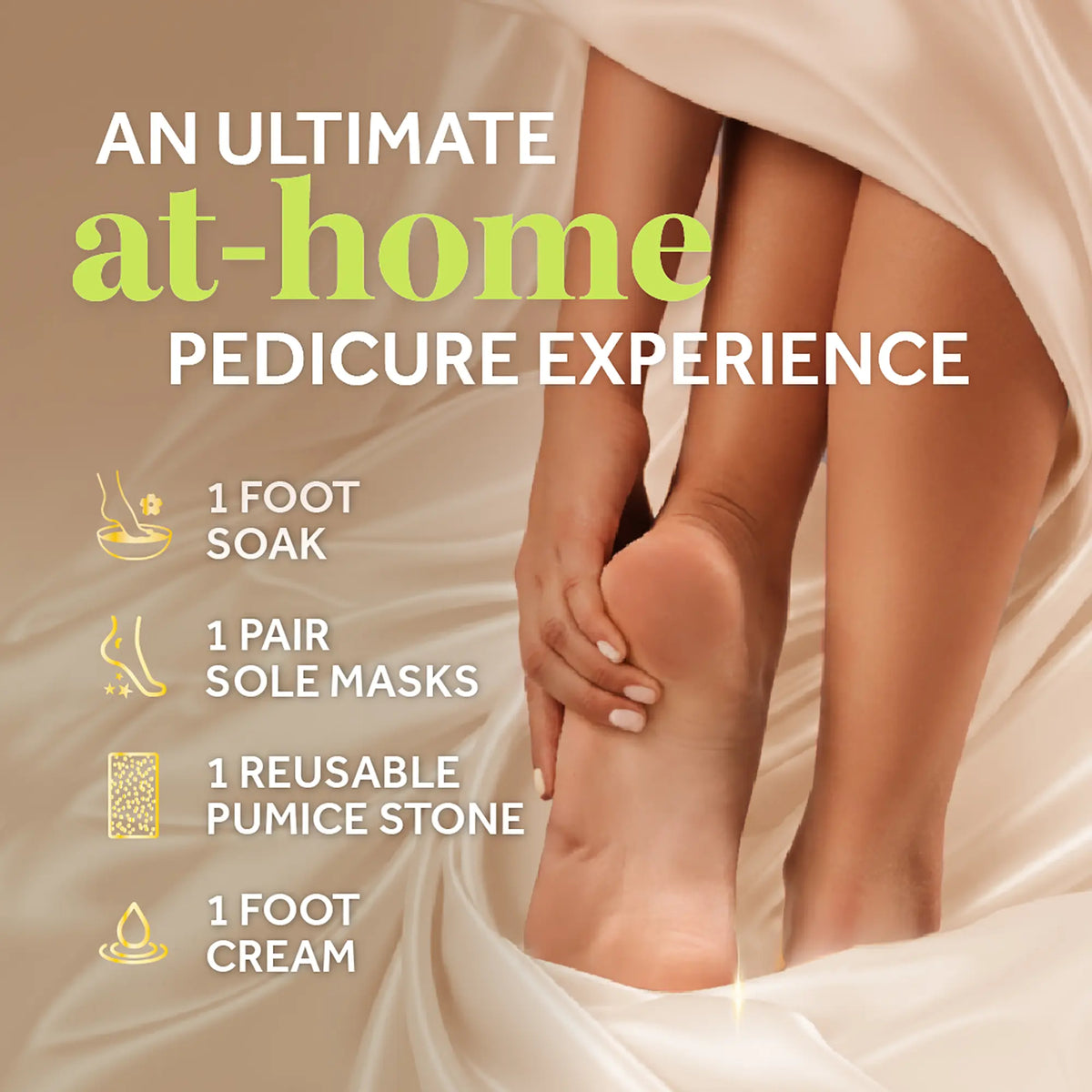 4-in-1 pedicure kit showing steps: foot soak, sole masks, pumice stone, foot cream