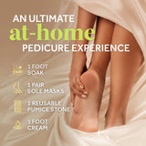 4-in-1 pedicure kit showing steps: foot soak, sole masks, pumice stone, foot cream