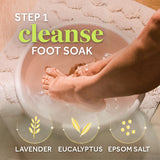 Foot soak in a bowl for pedicure step 1, with lavender and eucalyptus Epsom salt
