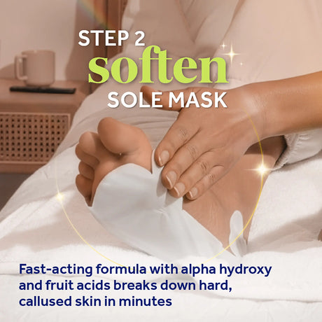 Sole mask applied to feet for pedicure step 2