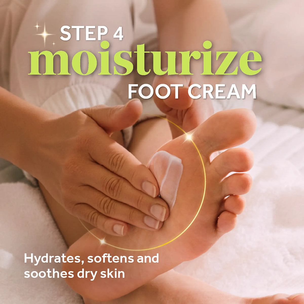 Foot cream massaged into feet and toes for pedicure step 4