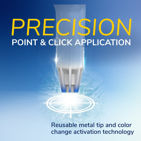 Pin-point skin tag remover applicator with reusable metal tip and activation glow.