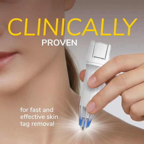 Hand holding pin-point skin tag remover applicator against the neck for treatment.