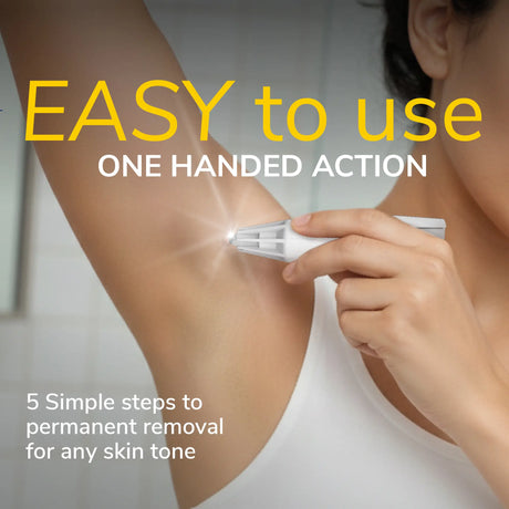 Hand using pin-point skin tag remover on upper arm skin for precise treatment.