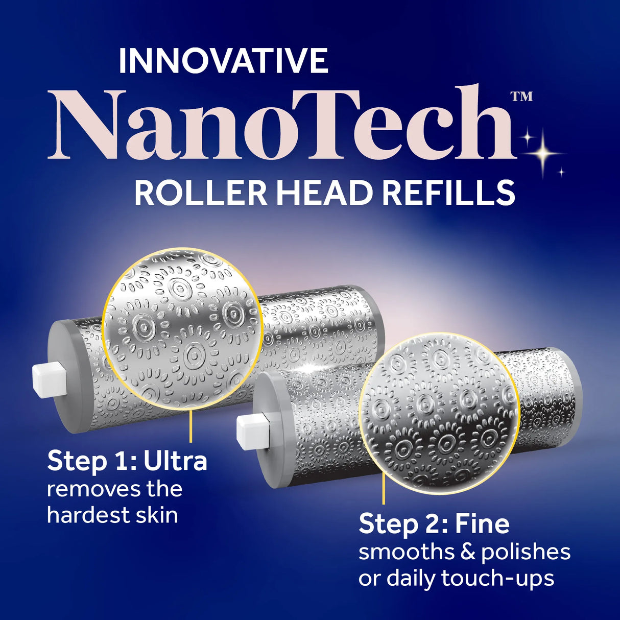 Dr Scholls NanoTech roller head refills for Pedi Perfect foot file showing ultra and fine texture options