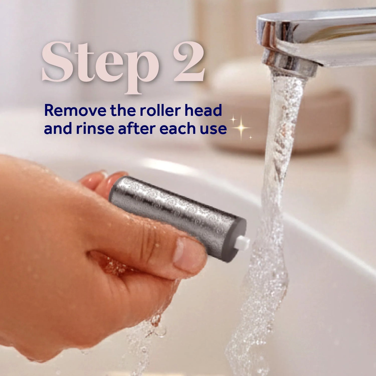 Hand rinsing Dr Scholls NanoTech Roller Replacement Head under a faucet