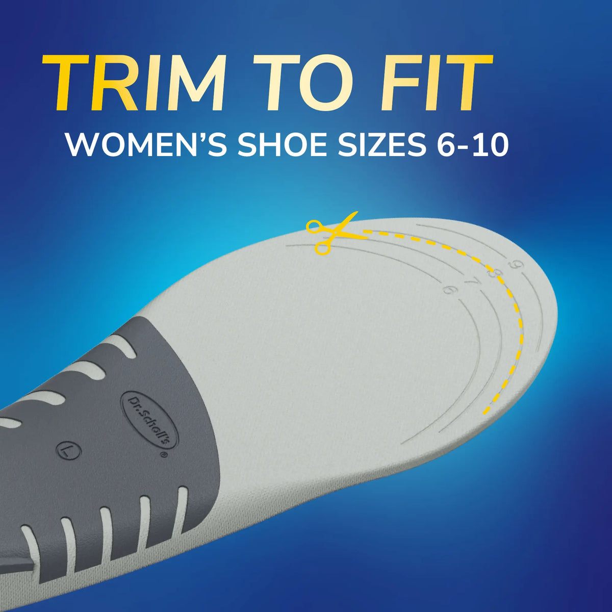 Grey insole profile with trimming guide for women’s shoe sizes 6–10
