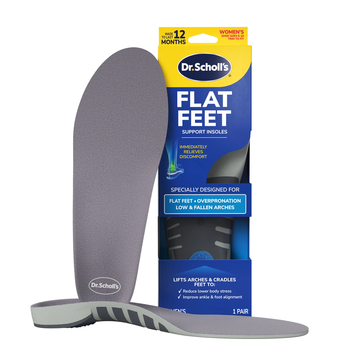 Flat Feet Support Insoles for Women by DrScholls shown with retail packaging and gray arch support insoles for flat feet and fallen arches