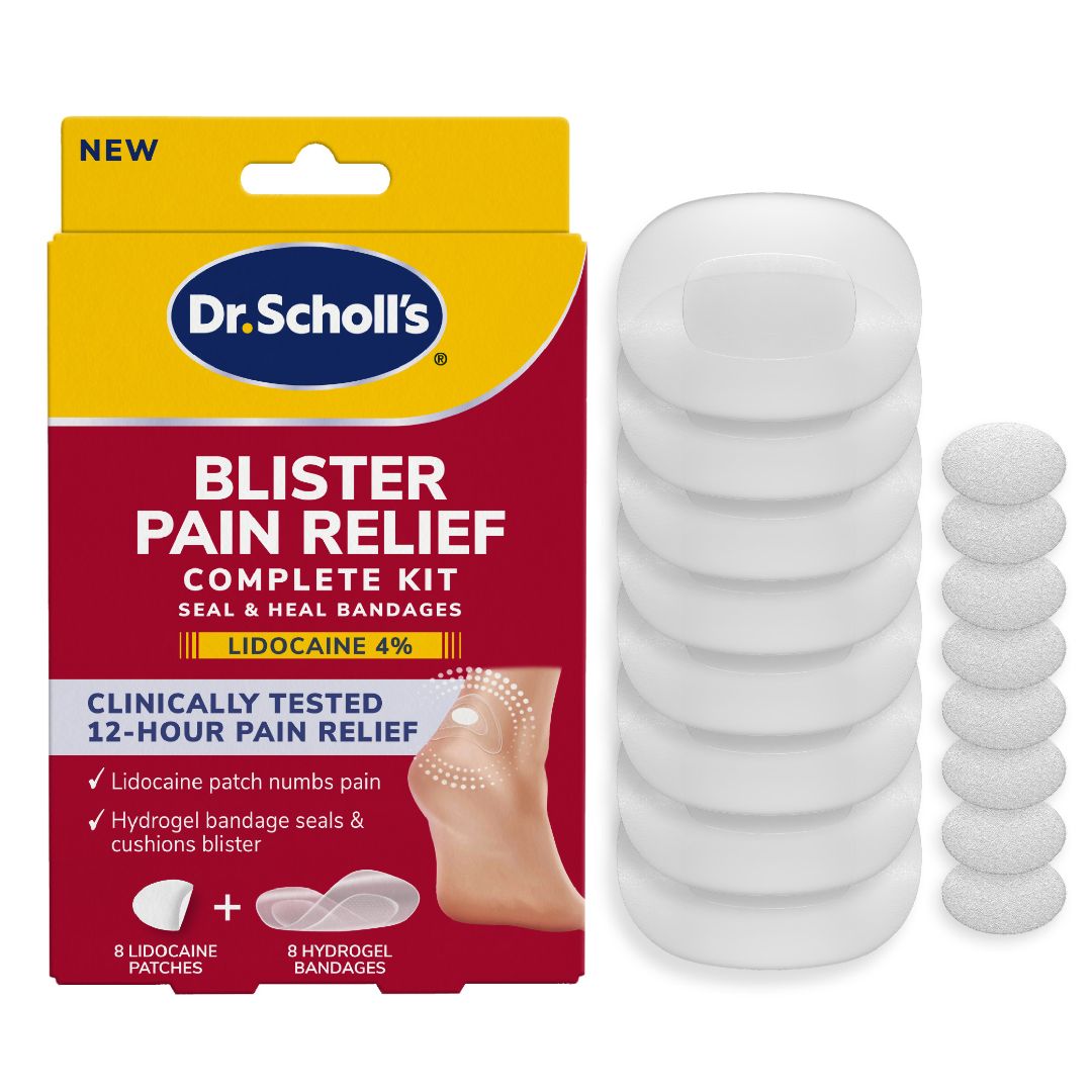 Dr. Scholl's blister pain relief complete kit box with lidocaine patches and hydrogel bandages
