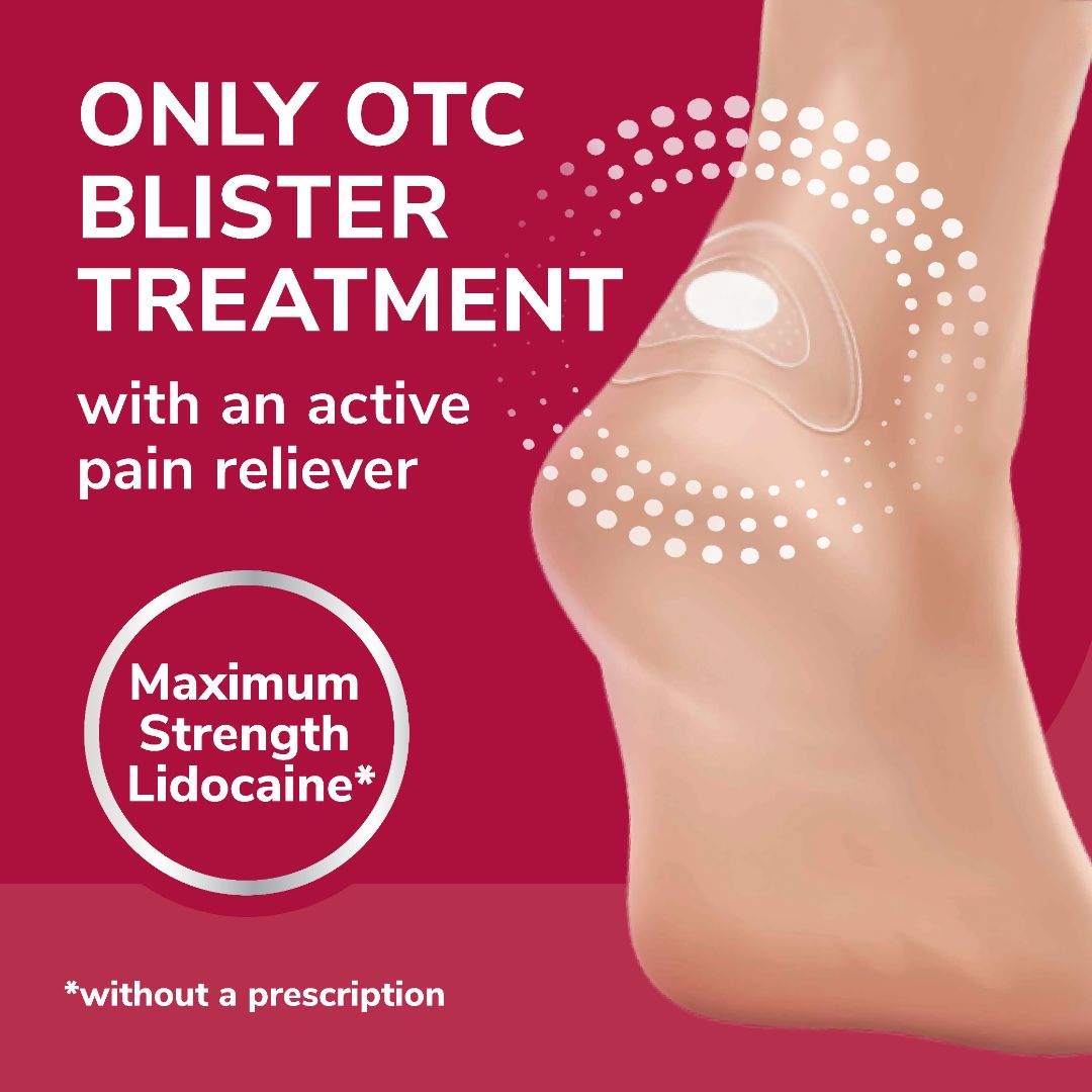Only OTC blister pain relief kit with lidocaine strength badge and foot blister area