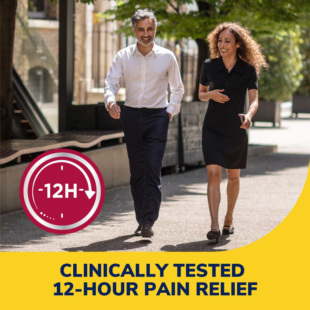 Clinically tested 12-hour pain relief blister treatment kit walking illustration