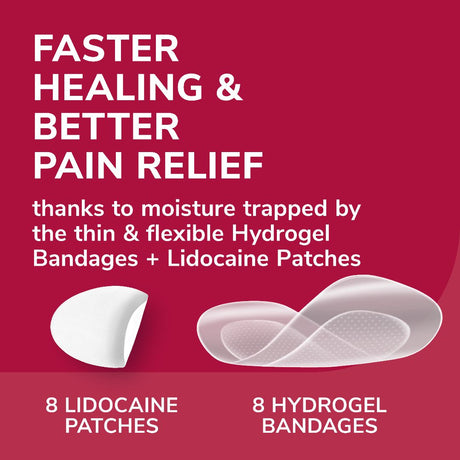 Faster healing blister pain relief kit with hydrogel bandages and lidocaine patches
