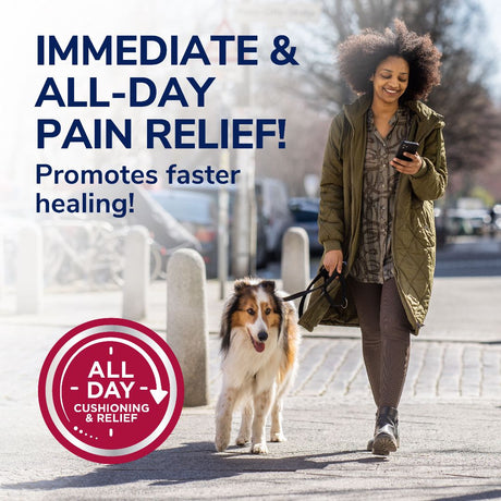Hydrogel blister cushion pain relief for all-day walking, feet shown