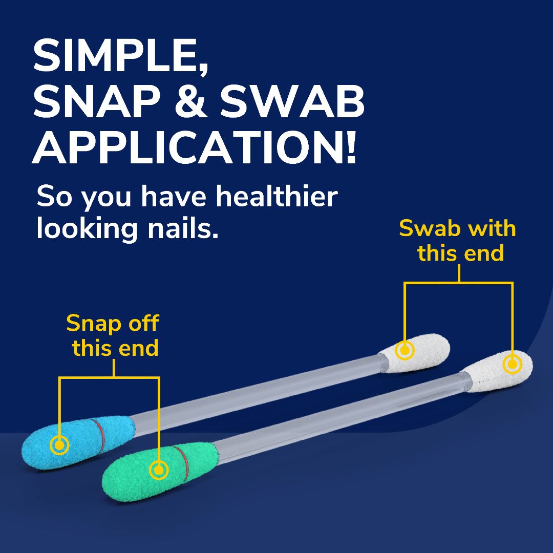 Two nail swabs with colored snap-off ends for simple snap & swab application