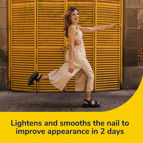 Nail care swab marketing scene with model in a light dress; no swab visible