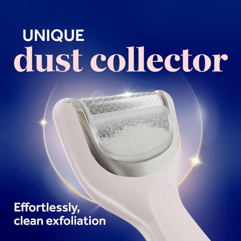 White electronic foot file with cylindrical roller head and dust-collector housing