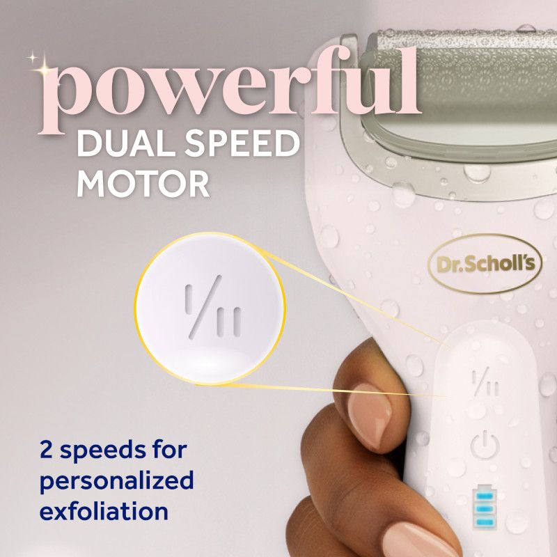 White electronic foot file showing dual-speed controls and textured roller head