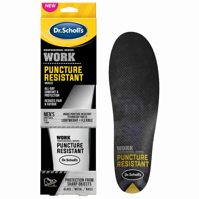 image of Dr. Scholl's Puncture Resistant insoles, in and out of packaging (front/top)