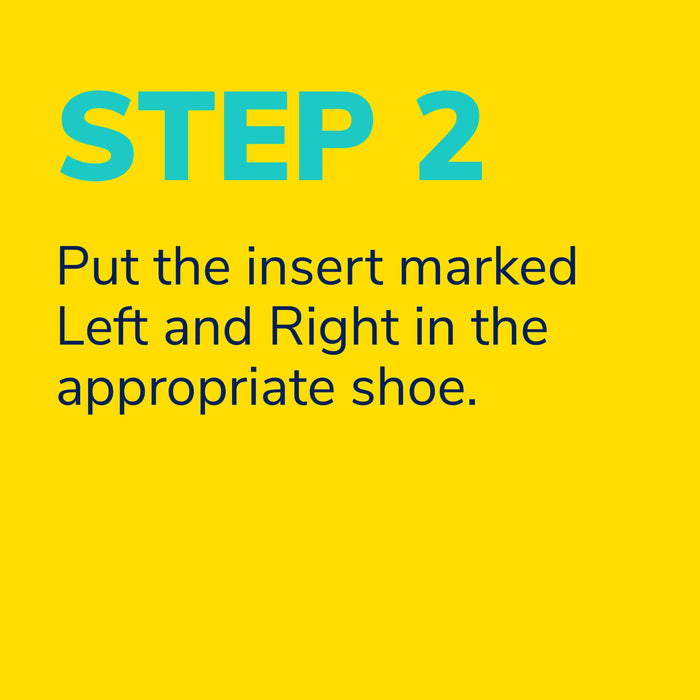 Yellow background with blue and black text instructing to put inserts in appropriate shoes