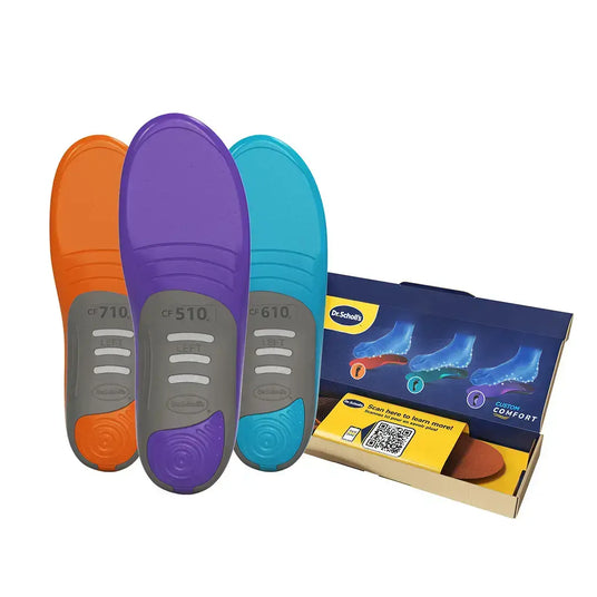 Colorful shoe insoles with a Dr. Scholl's box on a white background