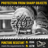 image of work boot about to step on a nail with text: "Protection from Sharp Objects" and "Puncture Resistant Meets the Requirements for OSHA & ASTM"