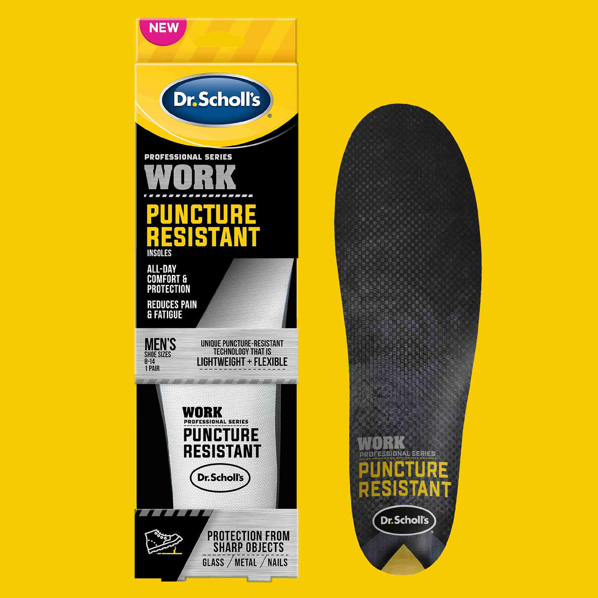 image of puncture resistant insoles in and out of package on yellow background