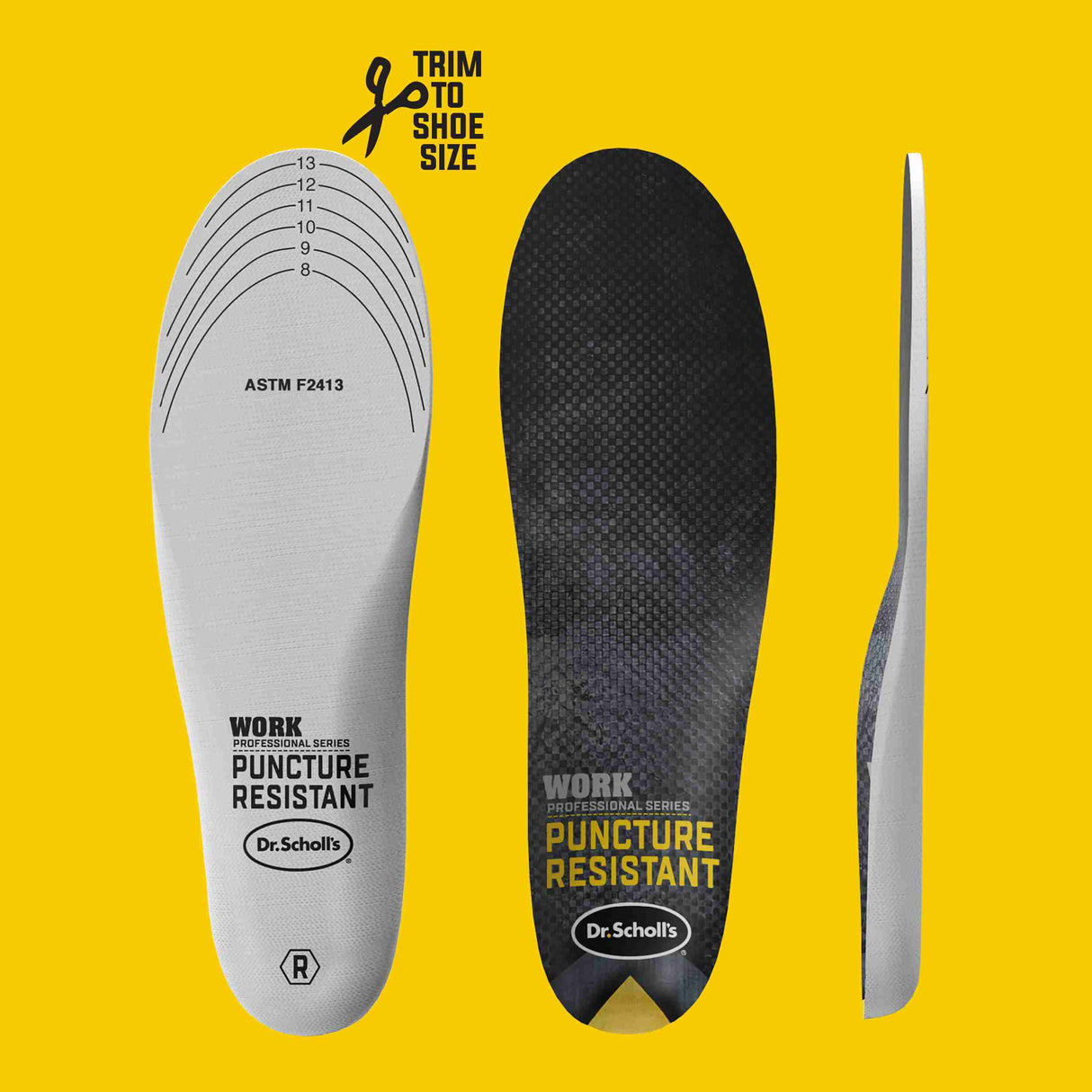 image of puncture resistant insoles bottom, top and side view on yellow background