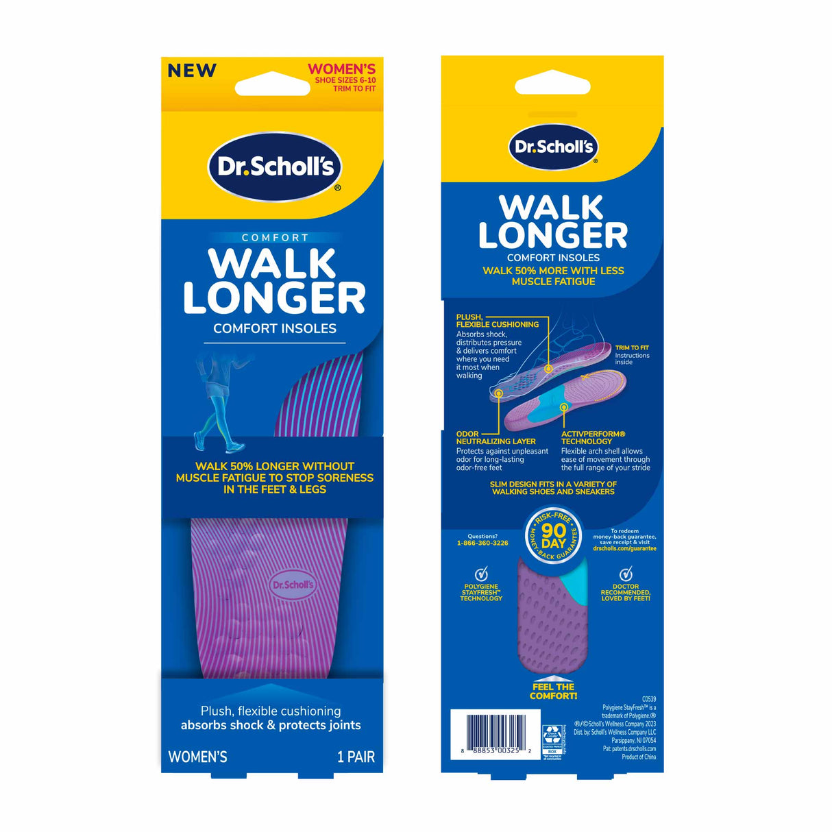 image of the front and back of packaging of the walk longer insole
