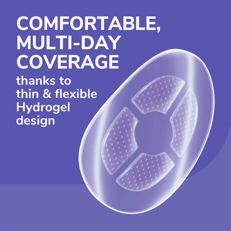 Hydrogel bunion cushion design shown in a purple outlined oval pad