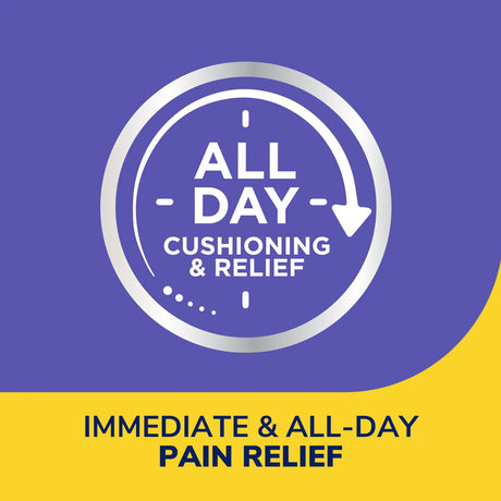 All-day cushioning and relief badge graphic for bunion cushions on purple background