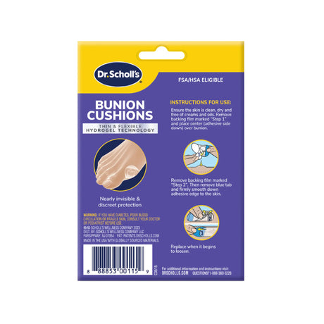 Back of Dr. Scholl's bunion cushions package with instructions and hydrogel technology label