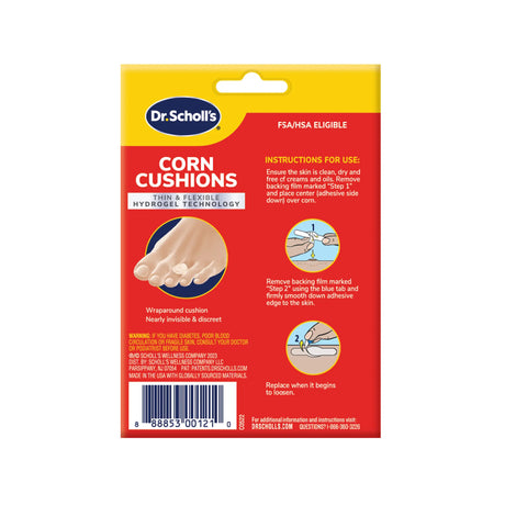 Dr. Scholl's corn cushions hydrogel technology back of package with instructions
