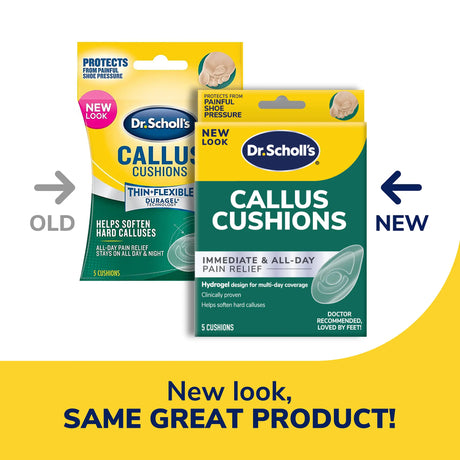 Dr. Scholl's Callus Cushions hydrogel pads, two package views showing new design