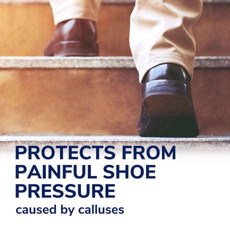 Callus cushion pads help protect sore shoe pressure area on a person’s foot