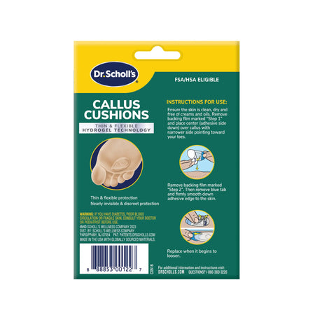 Dr. Scholl's Callus Cushions hydrogel technology back-of-pack with instructions