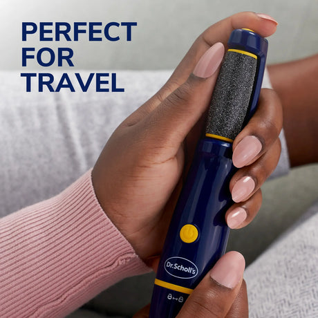 Dr. Scholl's electric foot file held upright with textured roller head