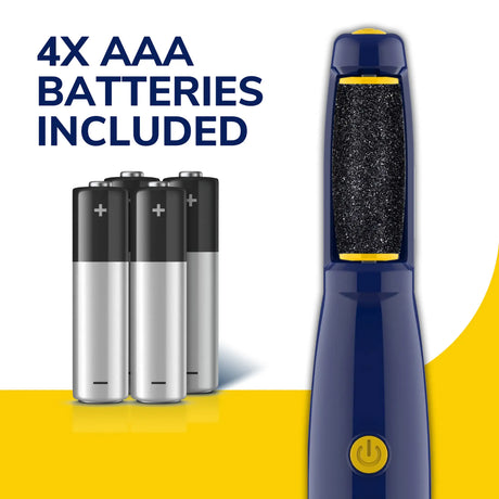 Electric foot file shown with several AAA batteries and the device power button