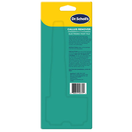 Electronic callus remover foot file in teal retail packaging with barcode label