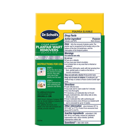 Back of Dr. Scholl's plantar wart remover package with product facts and instructions