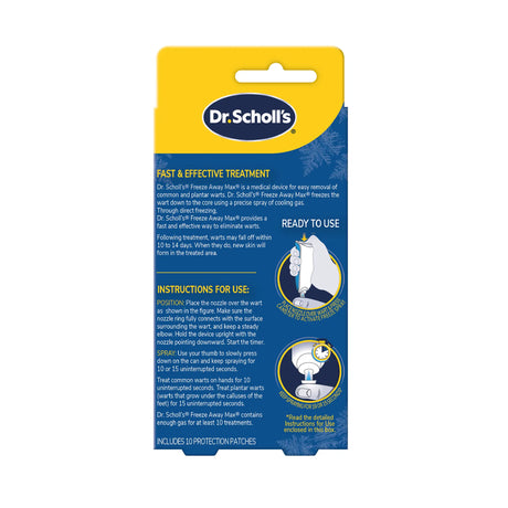 Back of Dr. Scholl’s Freeze Away Max precision spray wart remover package, instructions.