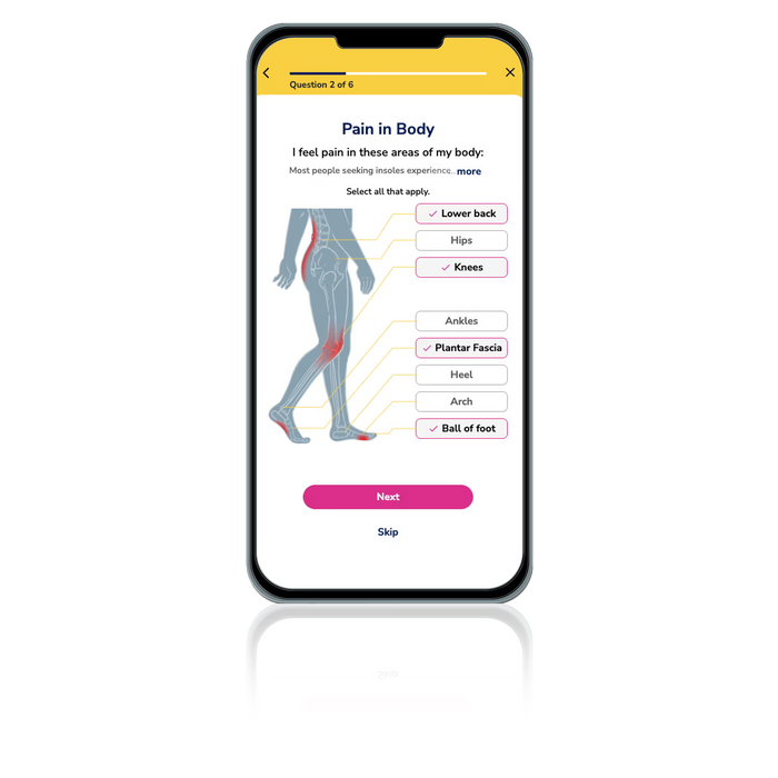 Phone screen showing a health app questionnaire about body pain with a white background