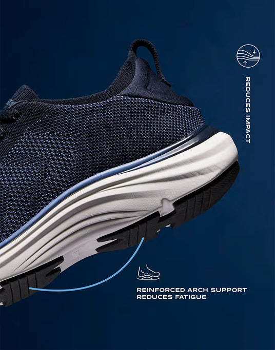 Black athletic shoe with white sole on a blue background, highlighting arch support and impact reduction features.