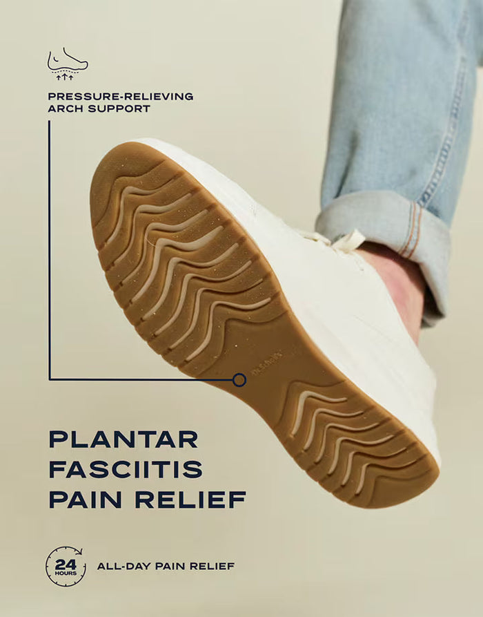 Shoe with pressure-relieving arch support for plantar fasciitis pain relief on a neutral background.
