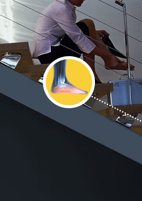 Person sitting on a boat with a close-up inset of a foot with a visible injury.
