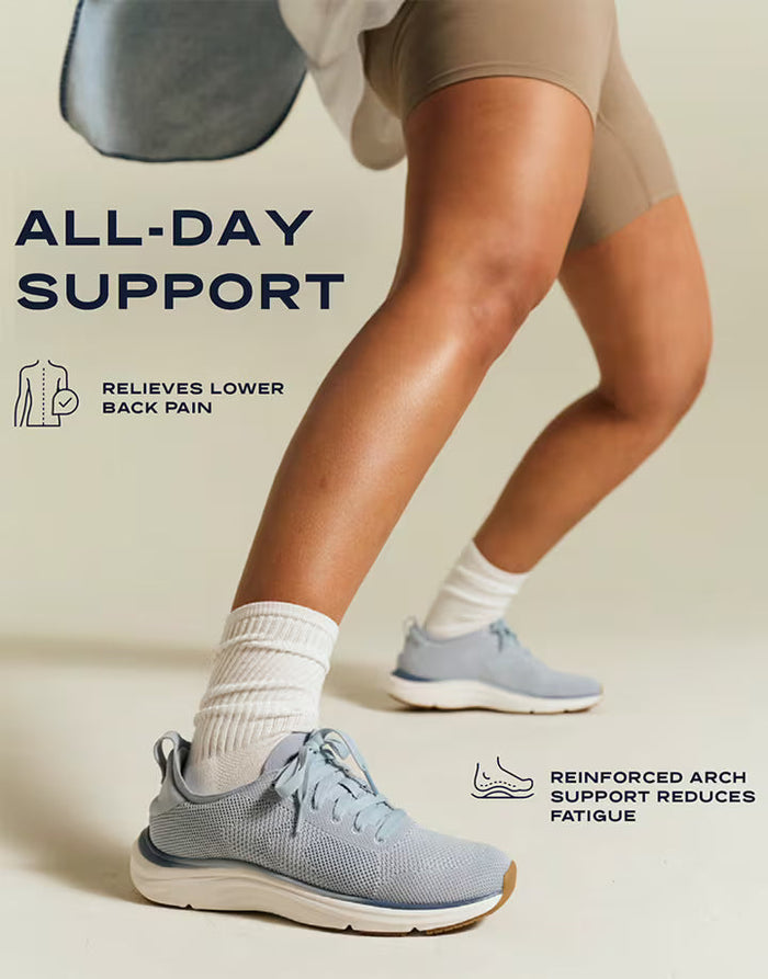 Person wearing gray athletic shoes with text about shoe support features on a beige background