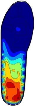 Colorful temperature map of a shoe sole with blue, green, and red colors.