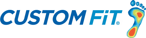 Logo of 'Custom Fit' with a colorful foot graphic on a blue background